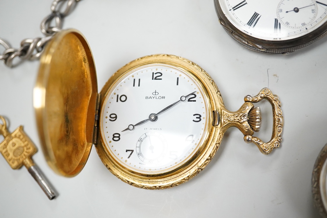 Five assorted early 20th century silver open faced fob watches, eight other continental white metal pocket and fob watches including two retailed by Kendall & Dent, four base metal pocket watches including cased Hebdomas